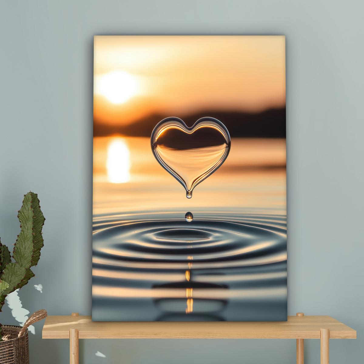 LEINWANDBILD Herz - Wasser - Sonnenuntergang - Natur - Zen Wanddeko Schlafzimmer 60x90 cm - Bernsteinfarben, Textil (60/90cm) - MuchoWow