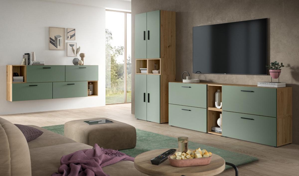 WOHNWAND grün, Eiche Artisan 256 x 178 cm, Schrankwand mit Soft-Close - Schwarz/Eiche Artisan, Holzwerkstoff/Kunststoff (256/151/34cm) - Inn.Furn