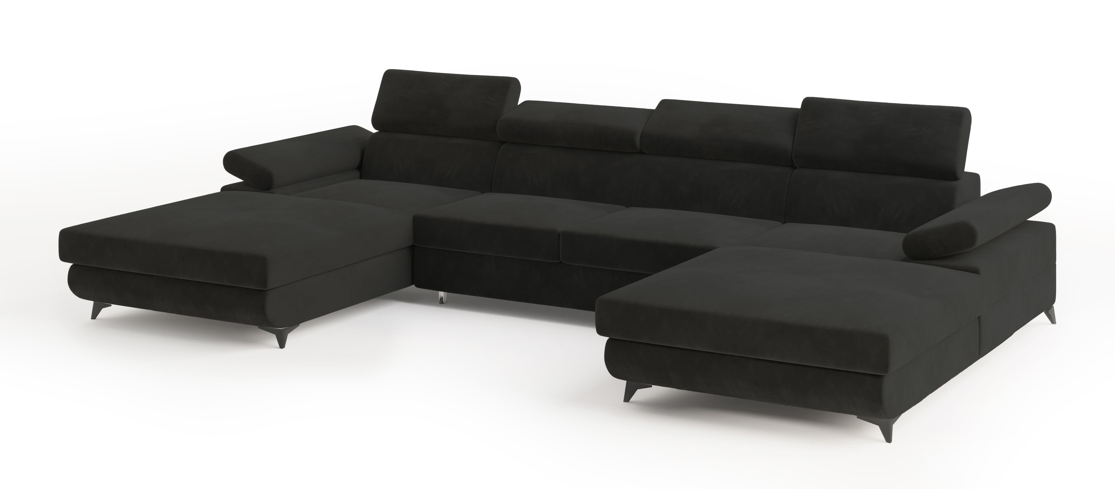 WOHNLANDSCHAFT DETTI Schwarz Velours-Stoff mit Schlaffunktion - Schwarz, Holz (339/89/190cm) - MASSENO