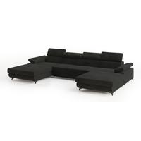WOHNLANDSCHAFT DETTI Schwarz Velours-Stoff mit Schlaffunktion - Schwarz, Holz (339/89/190cm) - MASSENO