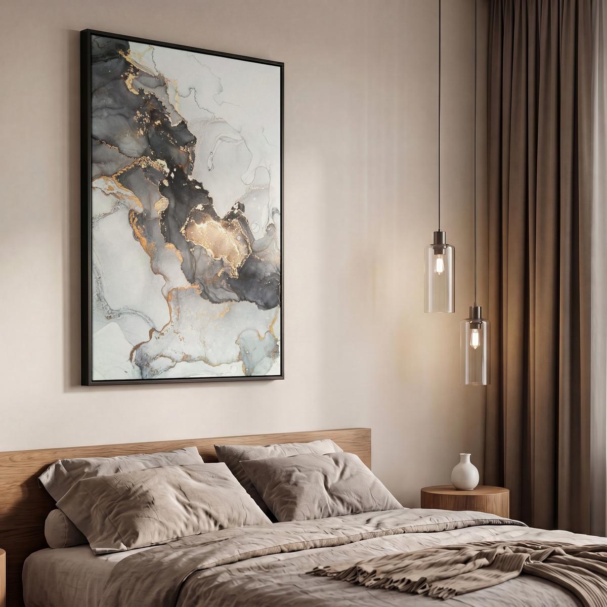 LEINWAND Bilder mit Rahmen - Marmor - Schwarz - Weiß - Gold - Luxus - Abstrakt - 60x90 - Goldfarben, Textil (60/90cm) - MuchoWow