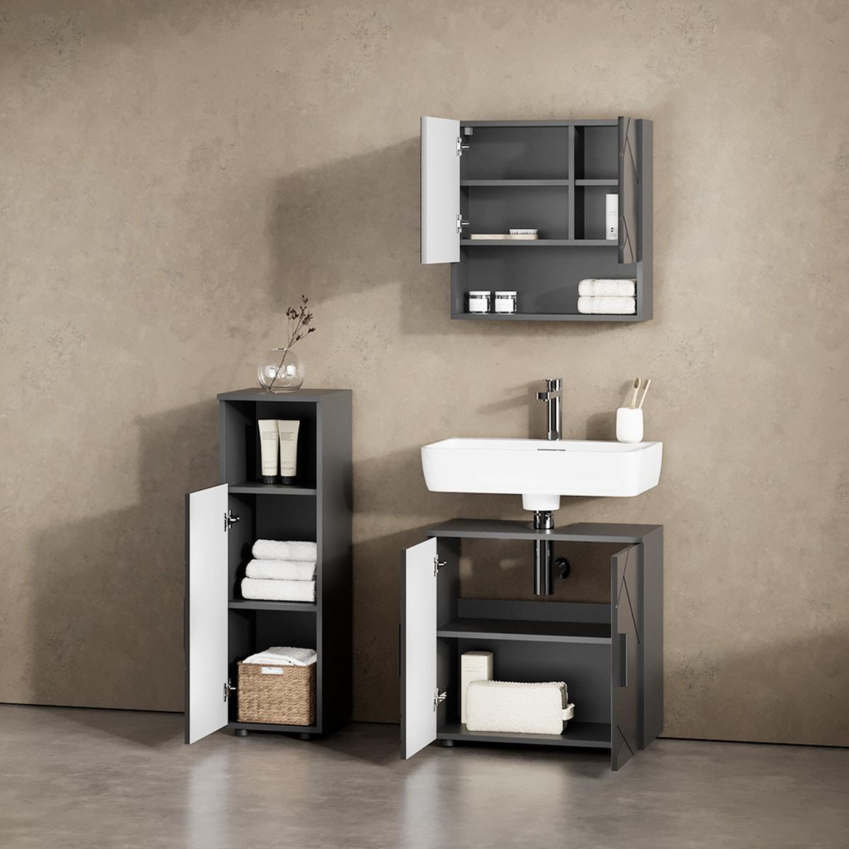 BADMÖBEL-SET Ronco Anthrazit Hochglanz 3 Teile - Schwarz Hochglanz, Holzwerkstoff (60/95/30cm) - Livinity®