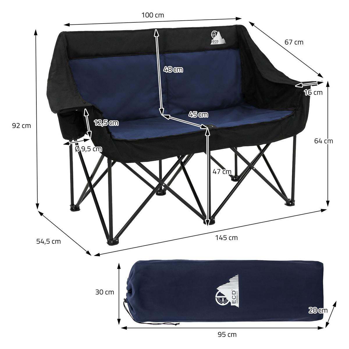CAMPINGSTUHL 2-Sitzer Blau faltbar mit Stahlgestell 54,5x145,92 cm - Blau, Textil (145/92/54.5cm) - ECD-Germany