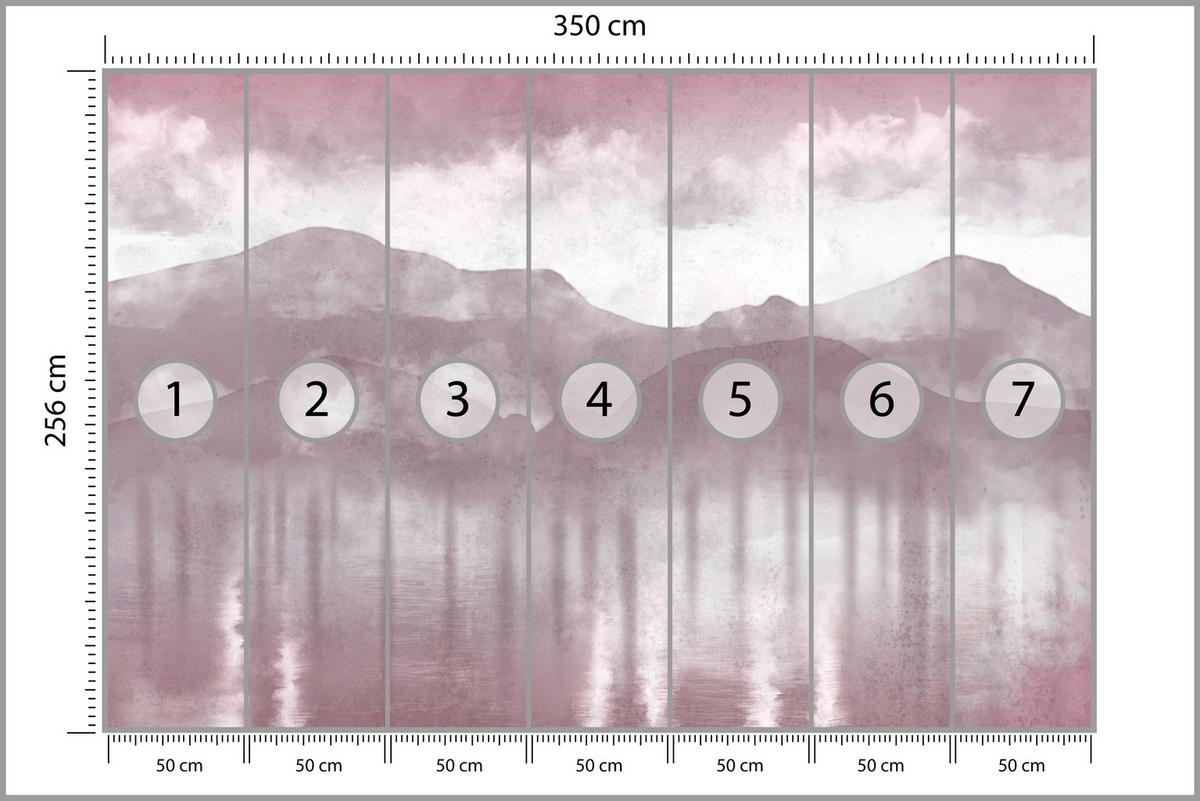 FOTOTAPETE Neblige violette Landschaft Berge 350x256 - Violett/Rosa, Papier (350/256cm) - Muralo