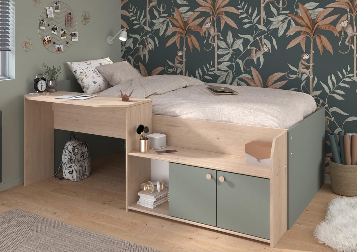HOCHBETT Eiche, Salbei Grün, Stauraum-Bett für Kinder- und Jugendzimmer, 90 x 200 - Salbeigrün/Eichefarben, Holzwerkstoff (90/200cm) - Parisot Meuble
