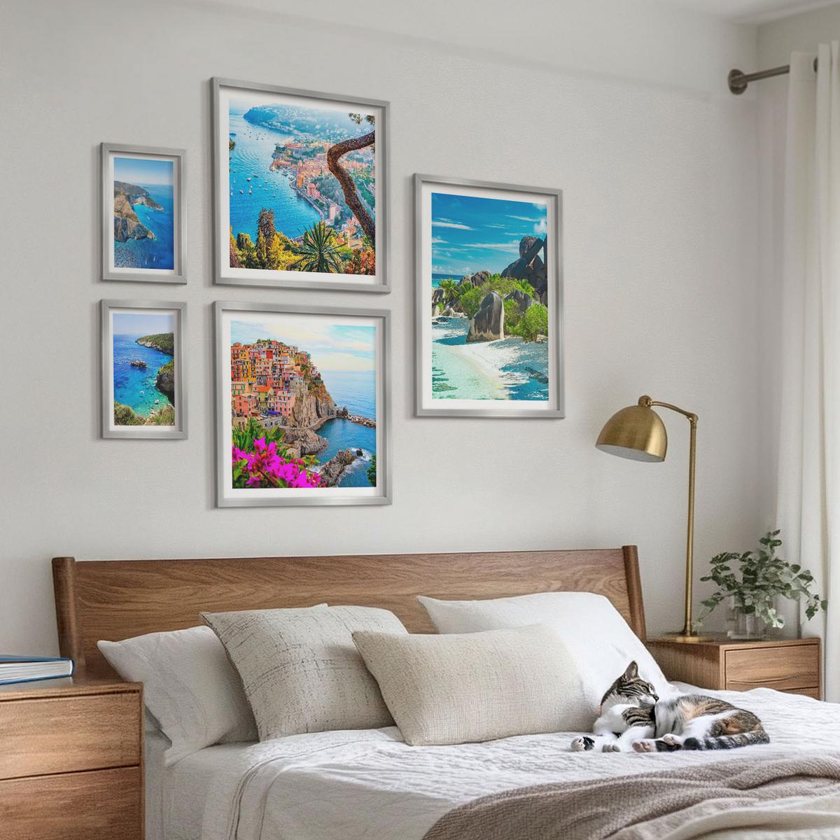 BILDER SET 5er Set - 50x50 cm & 20x30 cm & 40x60 cm Silberner Rahmen - Winterwald-Blaublume - Silberfarben, Kunststoff (40/60cm) - TULUP