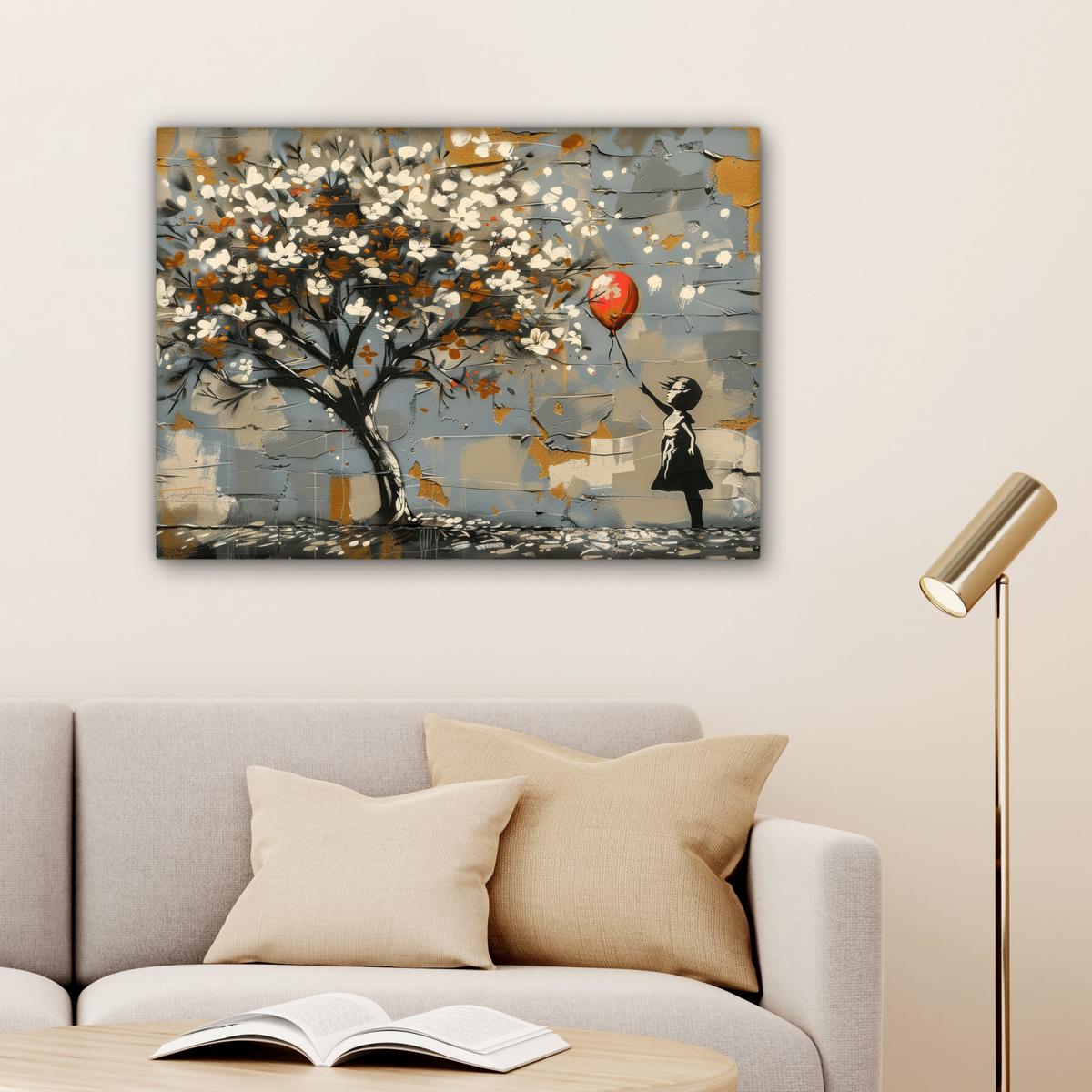 LEINWANDBILD Baum - Graffiti - Banksy-Stil - Ballon-Mädchen Wandbilder 80x60 cm - Blaugrau, Textil (80/60cm) - MuchoWow