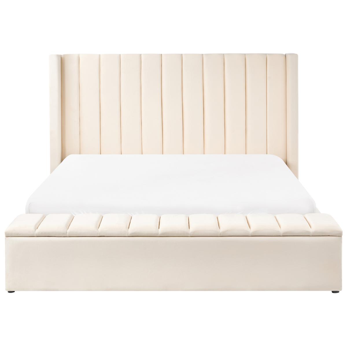 BETT mit Stauraumbank 180/200 cm Samtstoff Cremeweiß Noyers - Creme, Textil (180/200cm) - Beliani