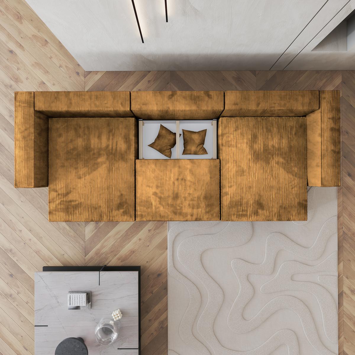 WOHNLANDSCHAFT SARMO P Gelb Kordstoff mit Schlaffunktion - Gelb/Grau, Holz/Kunststoff (347/70/148cm) - MASSENO