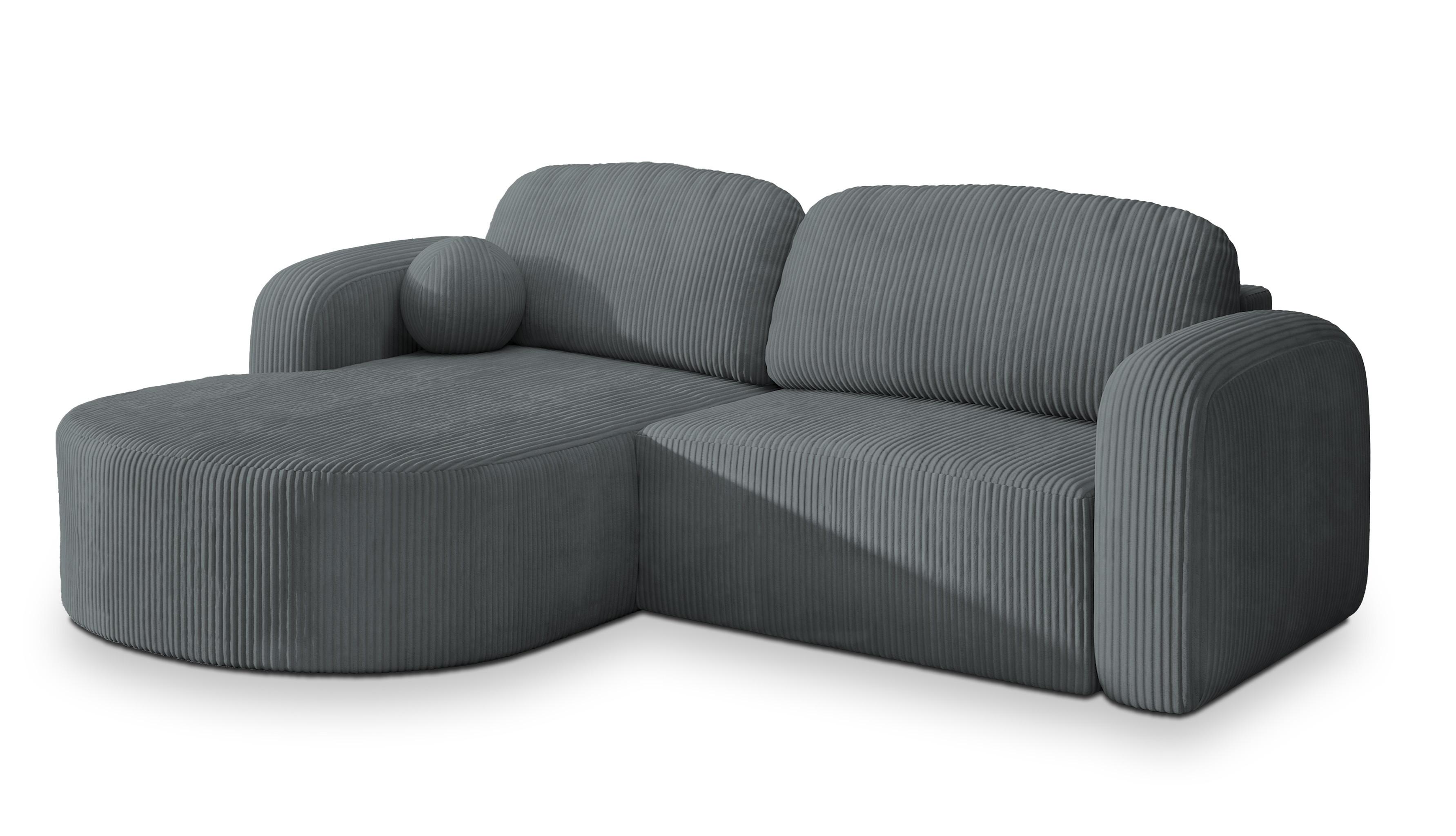 ECKSOFA AMILIA P L-S Grau Kordstoff mit Schlaffunktion - Grau, Holz (263/174cm) - MASSENO