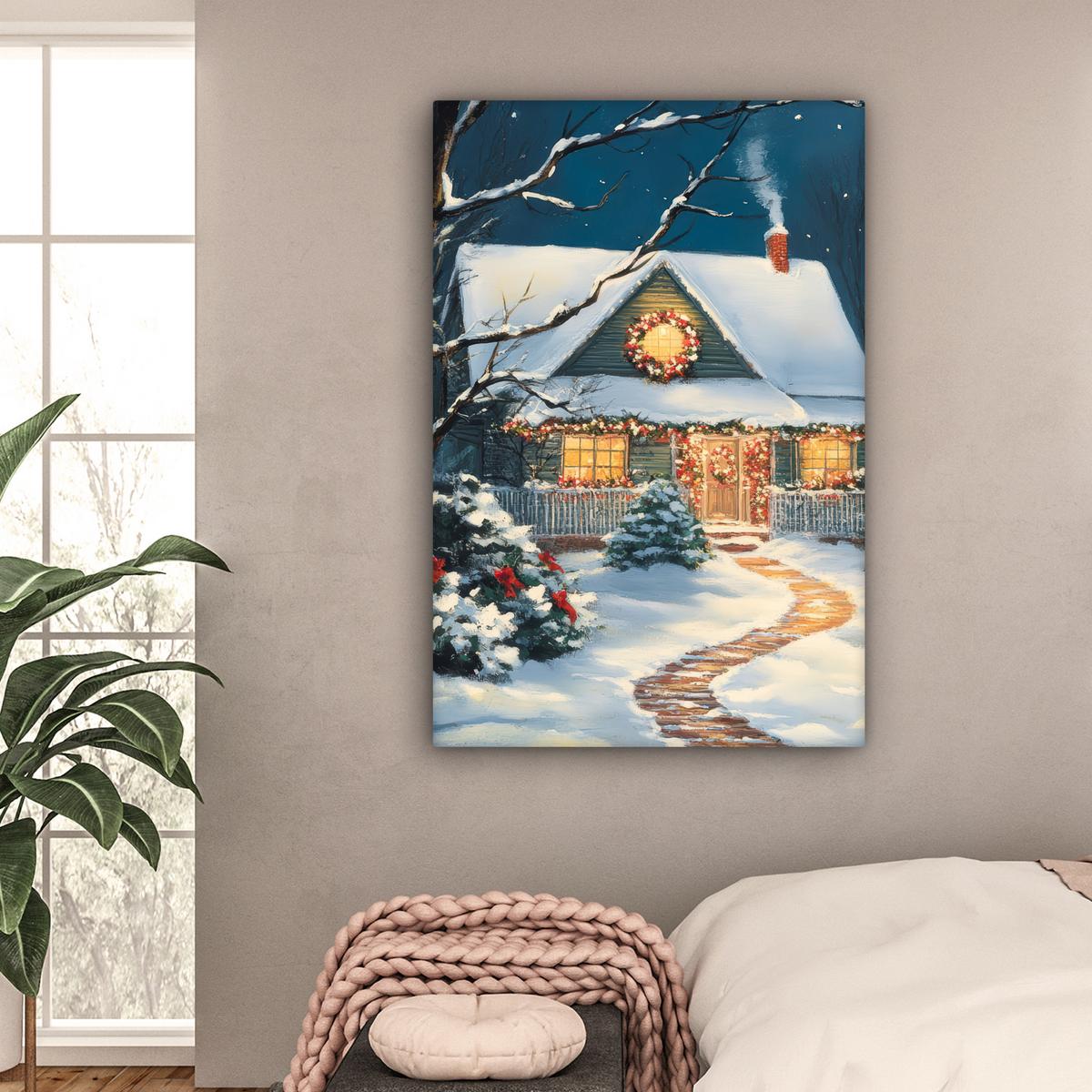 LEINWANDBILD Weihnachten - Weihnachtsbaum - Winter - Zuhause - Schnee Deko Groß 90x140 cm - Smaragdgrün, Textil (90/140cm) - MuchoWow