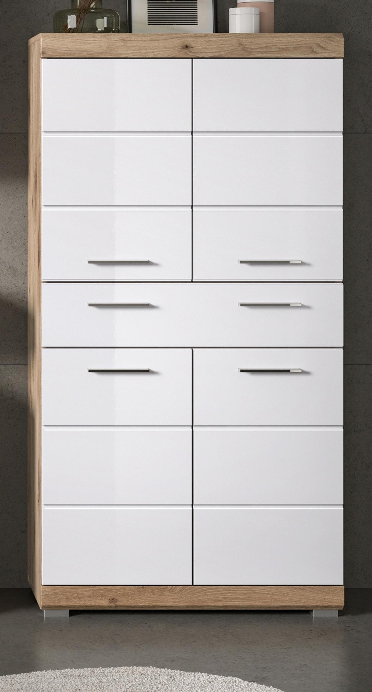 MIDISCHRANK weiß Hochglanz, Eiche 74 cm, Badschrank 4-türig - Chromfarben/Weiß Hochglanz, Holzwerkstoff/Kunststoff (74/141/31cm) - Inn.Furn