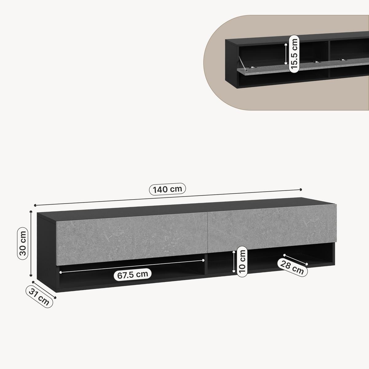 HÄNGELOWBOARD Halmstad - Schwarz/Grau, Holzwerkstoff (140/30/31cm) - [en.casa]