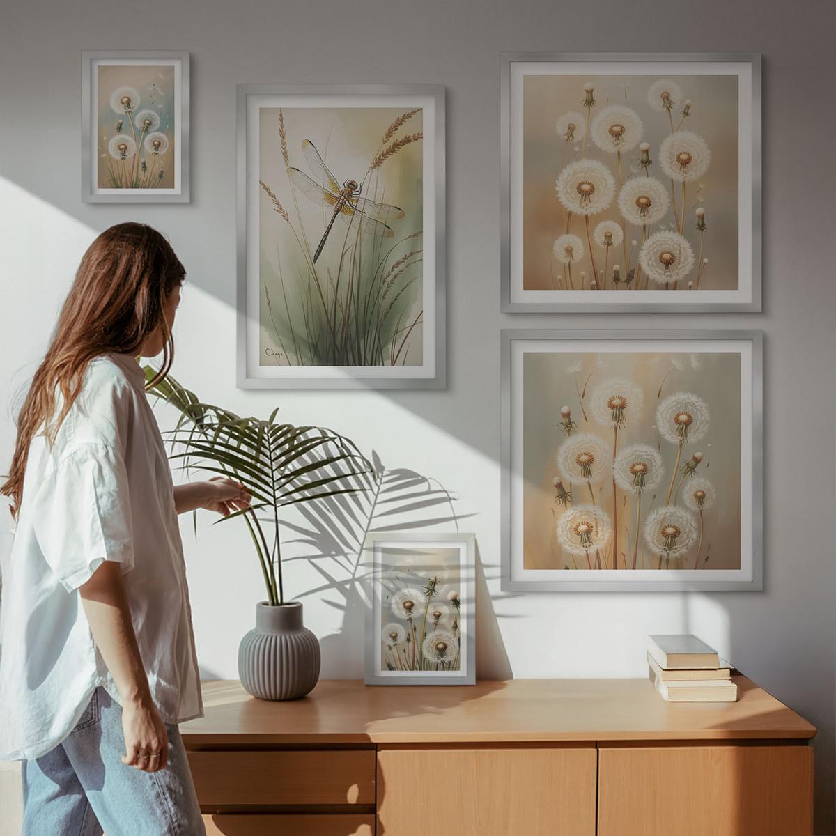 BILDER SET 5er Set - 50x50 cm & 20x30 cm & 40x60 cm Silberner Rahmen - Weiße Löwenzahnblüten auf hellem Hintergrund - Silberfarben, Kunststoff (40/60cm) - TULUP