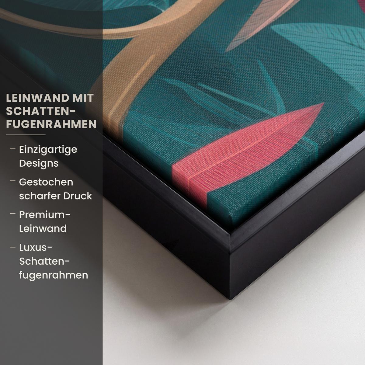 LEINWAND Bilder mit Rahmen - Kakadu - Tropische Blätter - Zweig - 70x50 - Petrol, Textil (70/50cm) - MuchoWow