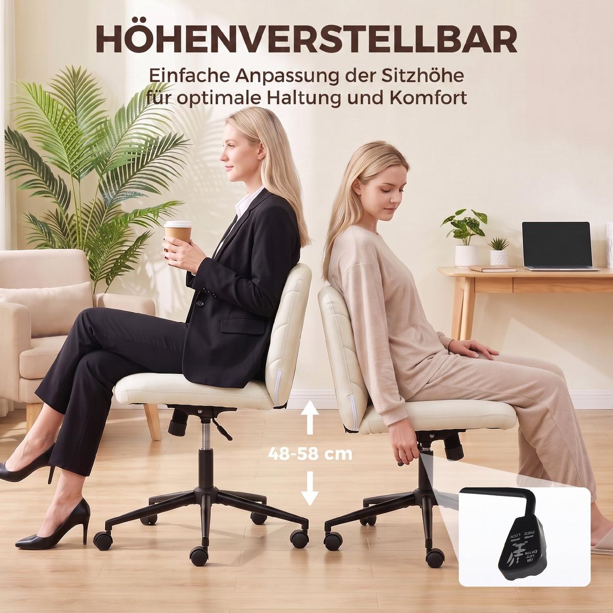 BÜROSTUHL Sperrholz Kunstleder Cremeweiß - Creme/Schwarz, Leder/Metall (61/95/62cm) - HOMCOM