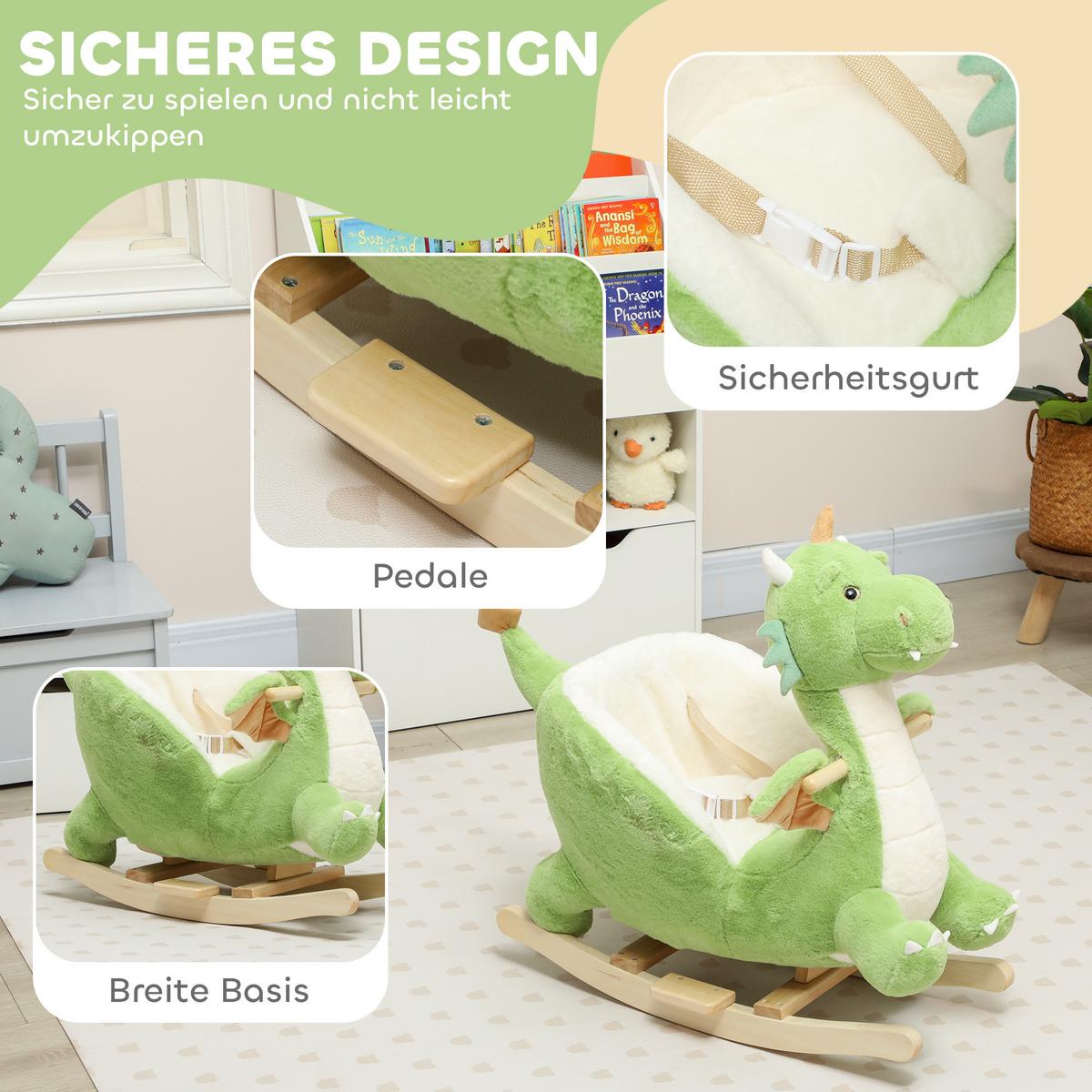 SCHAUKELTIER Dinosaurier-Schaukel interaktive Tiergeräusche weiche Füllung Grün - Grün, Textil (39/66/73cm) - AIYAPLAY
