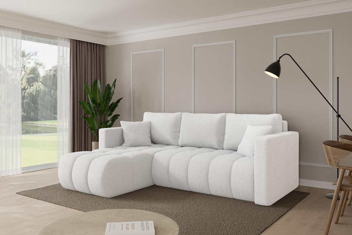 ECKSOFA mit Schlaffunktion Ottomane Links GARD-L 226x146x85 Weiß Bouclé - Schwarz/Weiß, Holzwerkstoff/Kunststoff (226/146cm) - ALTDECOR