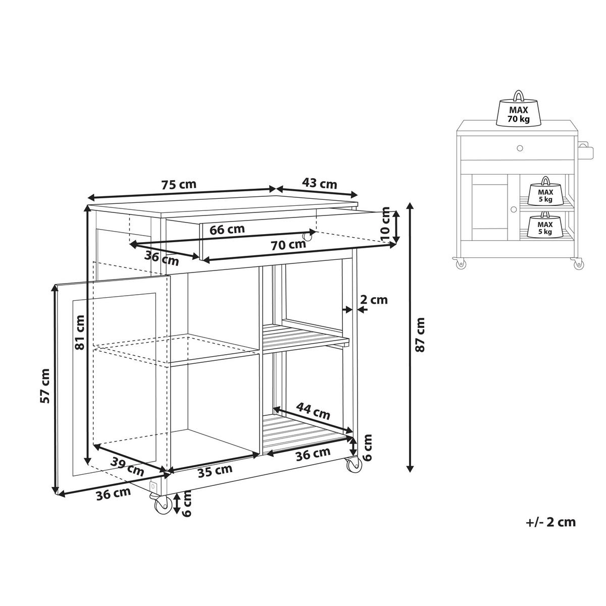 SERVIERWAGEN Weiß Trapani - Weiß/Braun, Holzwerkstoff (75/87/44cm) - Beliani