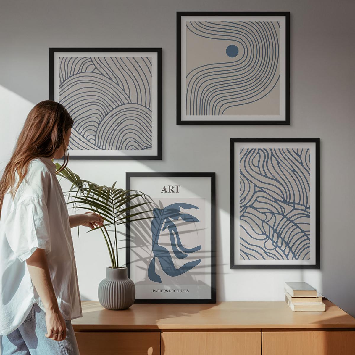 BILDER SET 4er Set - 50x50 cm & 40x60 cm Schwarzer Rahmen - Abstrakte blaue Linien - Schwarz, Kunststoff (50/50cm) - TULUP