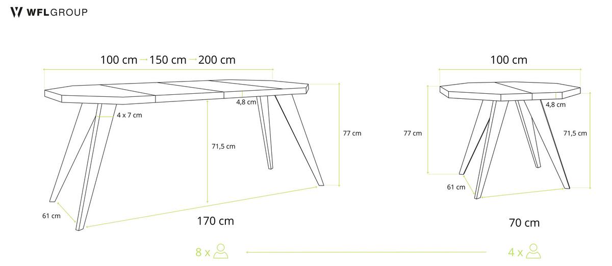 ESSTISCH Diamond Black achteckiger ausziehbarer, Grauer Beton 100-200/100/76 cm - Hellgrau/Schwarz, Holz/Holzwerkstoff (100/200/77cm) - WFL GROUP