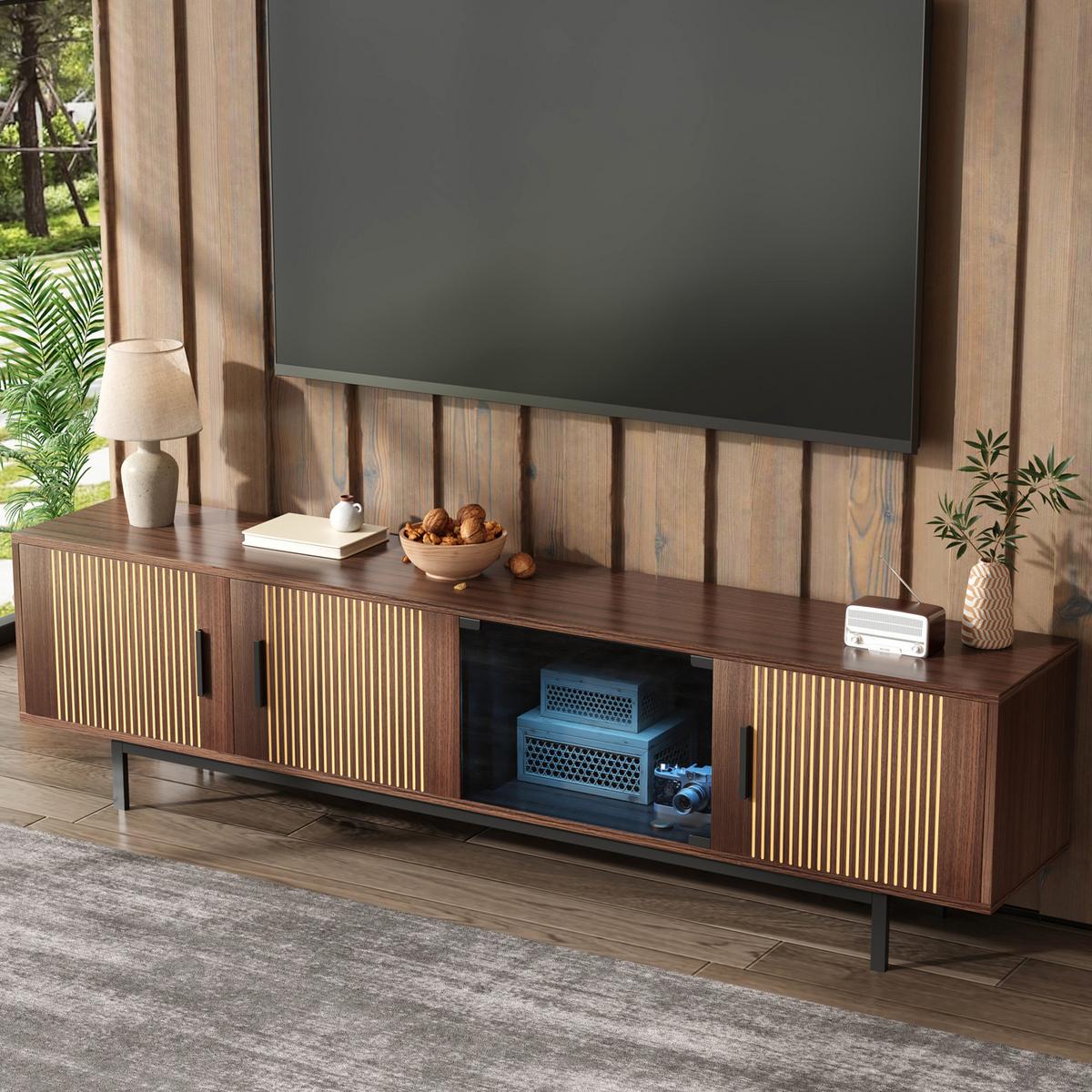 TV-LOWBOARD mit geschnitzter Textur, Glas-Tür & LED-Beleuchtung - Braun, Holz (35/53/200cm) - Urban Meuble