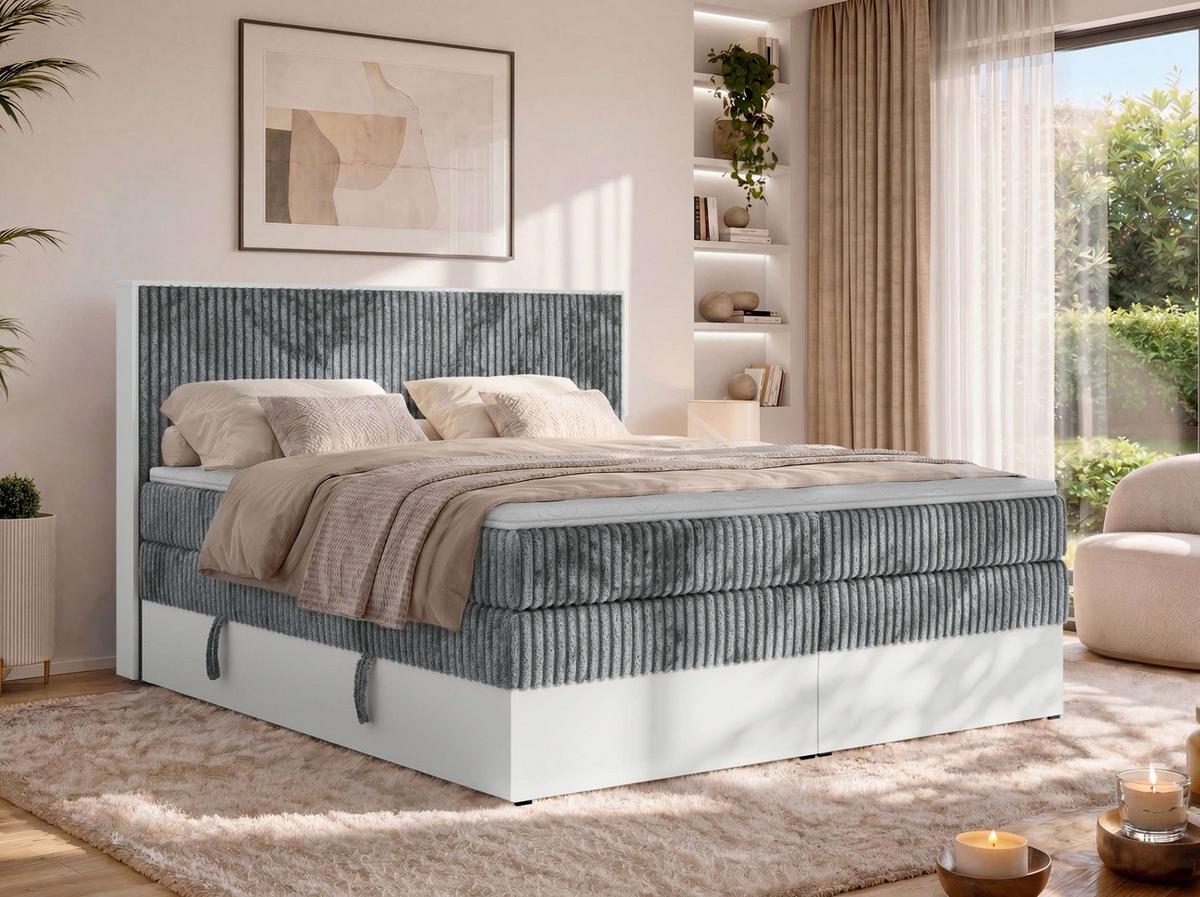 BOXSPRINGBETT TRAVIT KING 200/200 - Grau Cord - Topper Visco - H4 - Schwarz/Grau, Kunststoff/Textil (200/200cm) - MKS