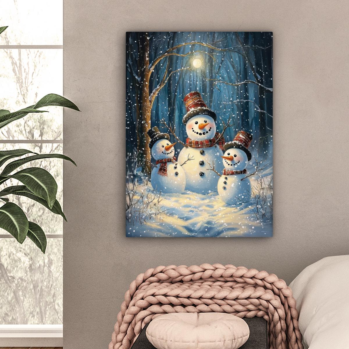 LEINWANDBILD Schneemann - Schnee - Winter - Wald Wandbild Wohnzimmer 60x80 cm - Hellblau, Textil (60/80cm) - MuchoWow