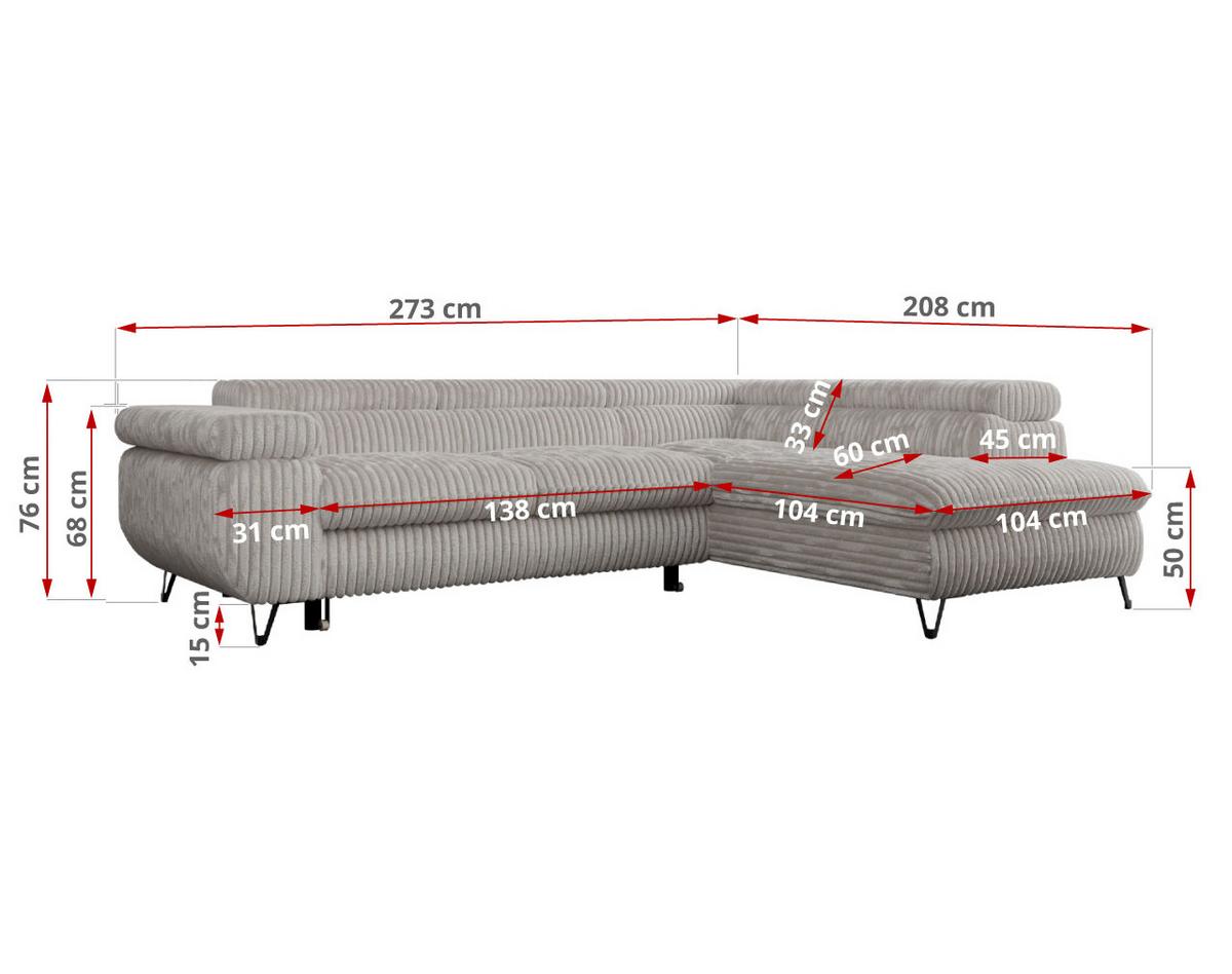 ECKSOFA PETER L Hellgrau Cord - Rechts Seite - Hellgrau/Schwarz, Textil/Metall (273/208cm) - MKS