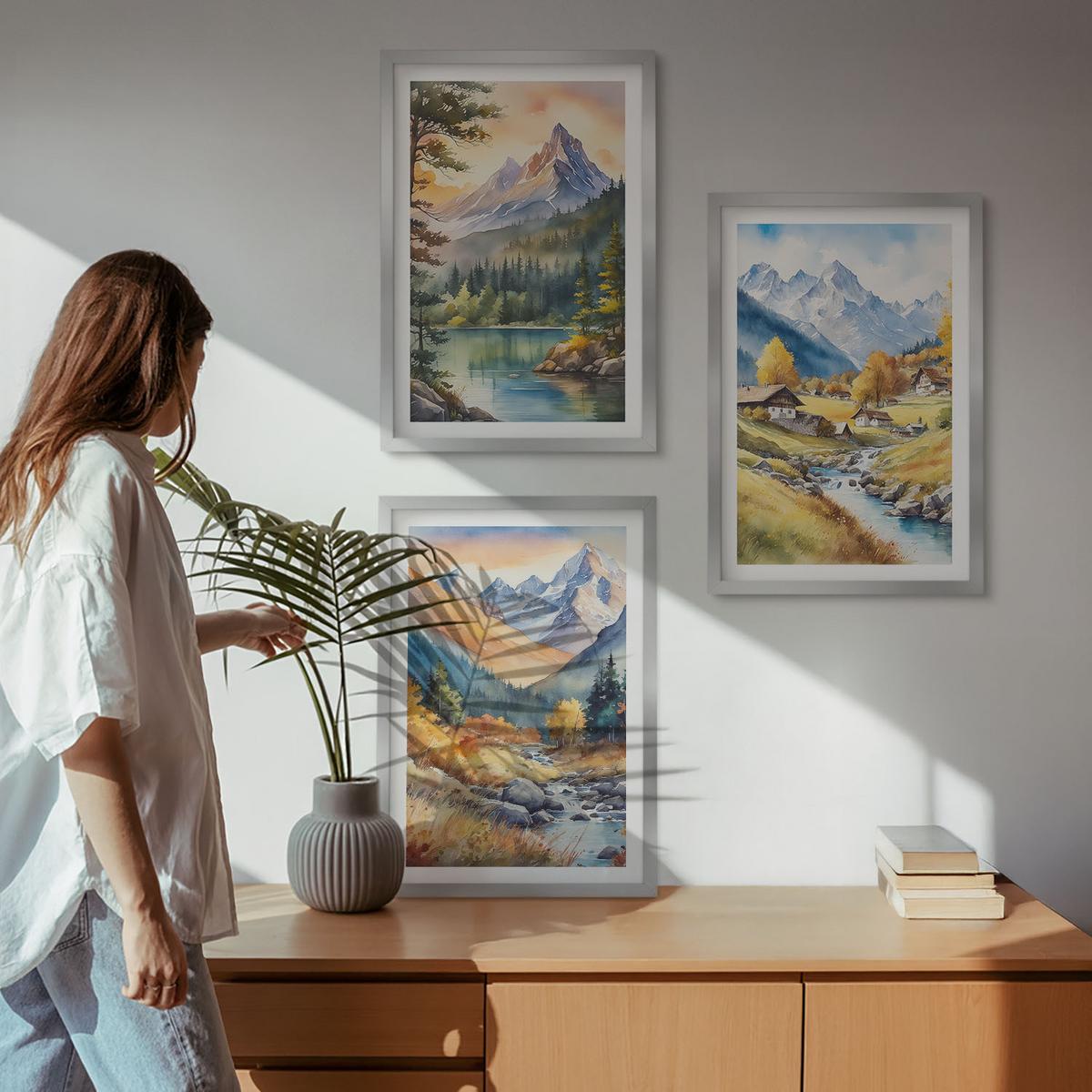 BILDER SET 3er Set - 40x60 cm Silberner Rahmen - Berglandschaft mit einem Fluss - Silberfarben, Kunststoff (40/60cm) - TULUP