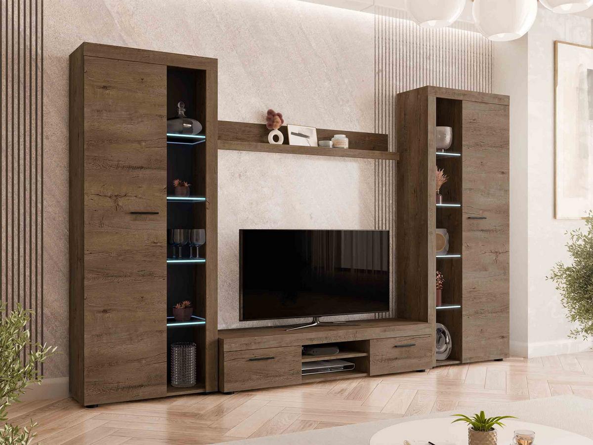 WOHNWAND Rumba XL mit LED Beleuchtung - Eichefarben, Holzwerkstoff (300/190/40cm) - MIRJAN24