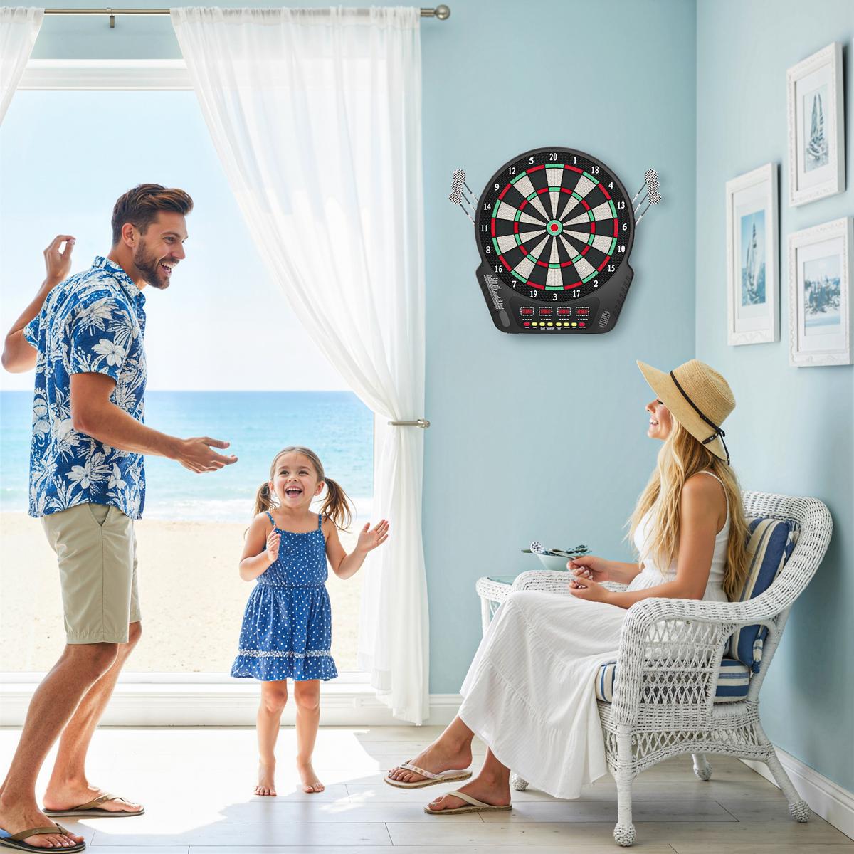ELEKTRONISCHE Dartscheibe Dartboard Soundeffekte LED Anzeige 27 Spiele - Schwarz, Kunststoff (51.5/44cm) - HOMCOM
