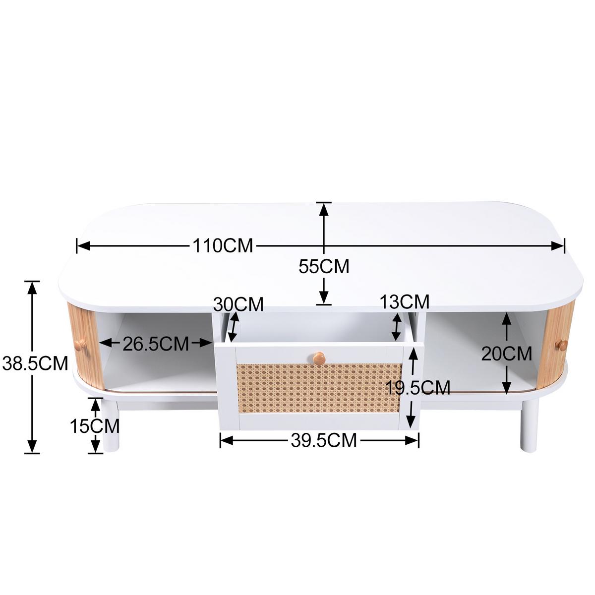 COUCHTISCH weiß & holz-optik mit rattan-schublade & massivholz-schiebetüren - Weiß, Holzwerkstoff (55/110/38.5cm) - Urban Meuble