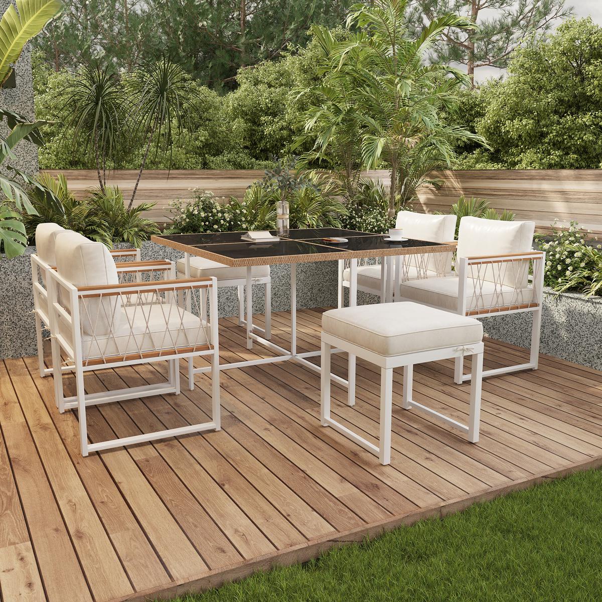 GARTENTISCH- UND STUHLSET Weiß 7tlg - Creme, Glas/Holzwerkstoff - Urban Meuble