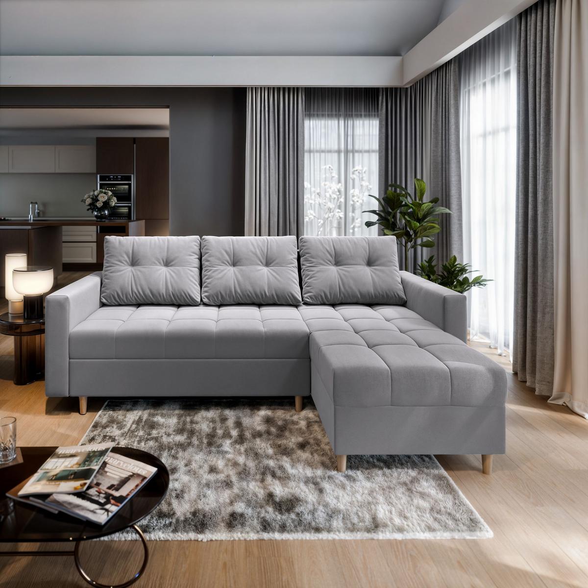 ECKSOFA MILO L Hellgrau Plüsch-Stoff mit Schlaffunktion - Hellgrau/Braun, Holz/Textil (220/140cm) - MASSENO