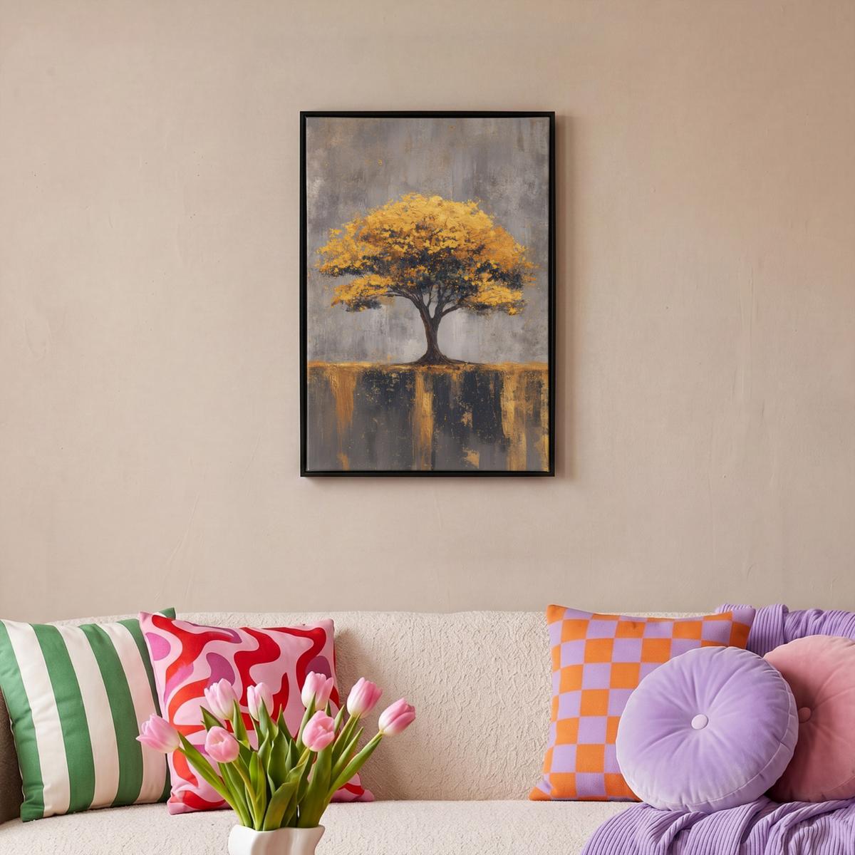 LEINWAND Bilder mit Rahmen - Baum - Blätter - Gold - Abstrakt - 40x60 - Grau, Textil (40/60cm) - MuchoWow
