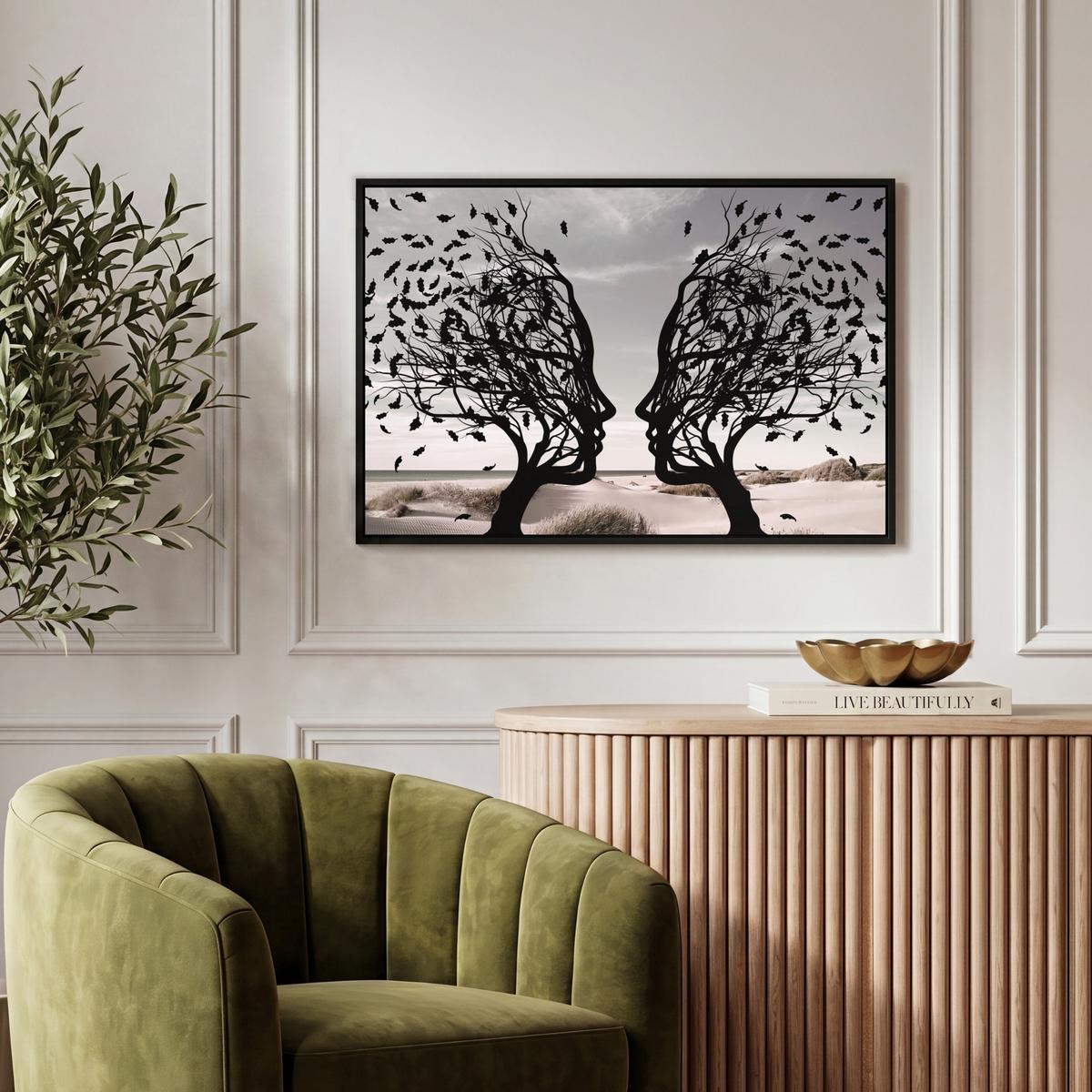 LEINWAND Bilder mit Rahmen - Strand - Meer - Menschen - Baum - Moderne Kunst - 60x40 - Hellgrau, Textil (60/40cm) - MuchoWow