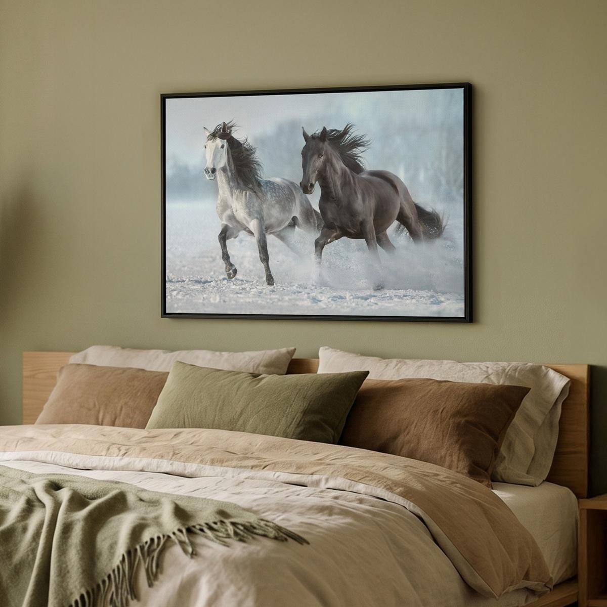 LEINWAND Bilder mit Rahmen - Pferde - Winter - Tiere - Natur - Schnee - 80x60 - Anthrazit, Textil (80/60cm) - MuchoWow