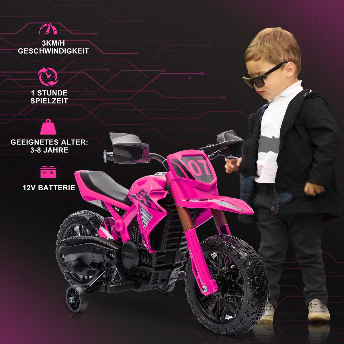 12V Elektro Kinder Motorrad, Kindermotorrad mit Stützrädern, bis 3 km/h Rosa - Rosa, Kunststoff (105/57/62cm) - AIYAPLAY