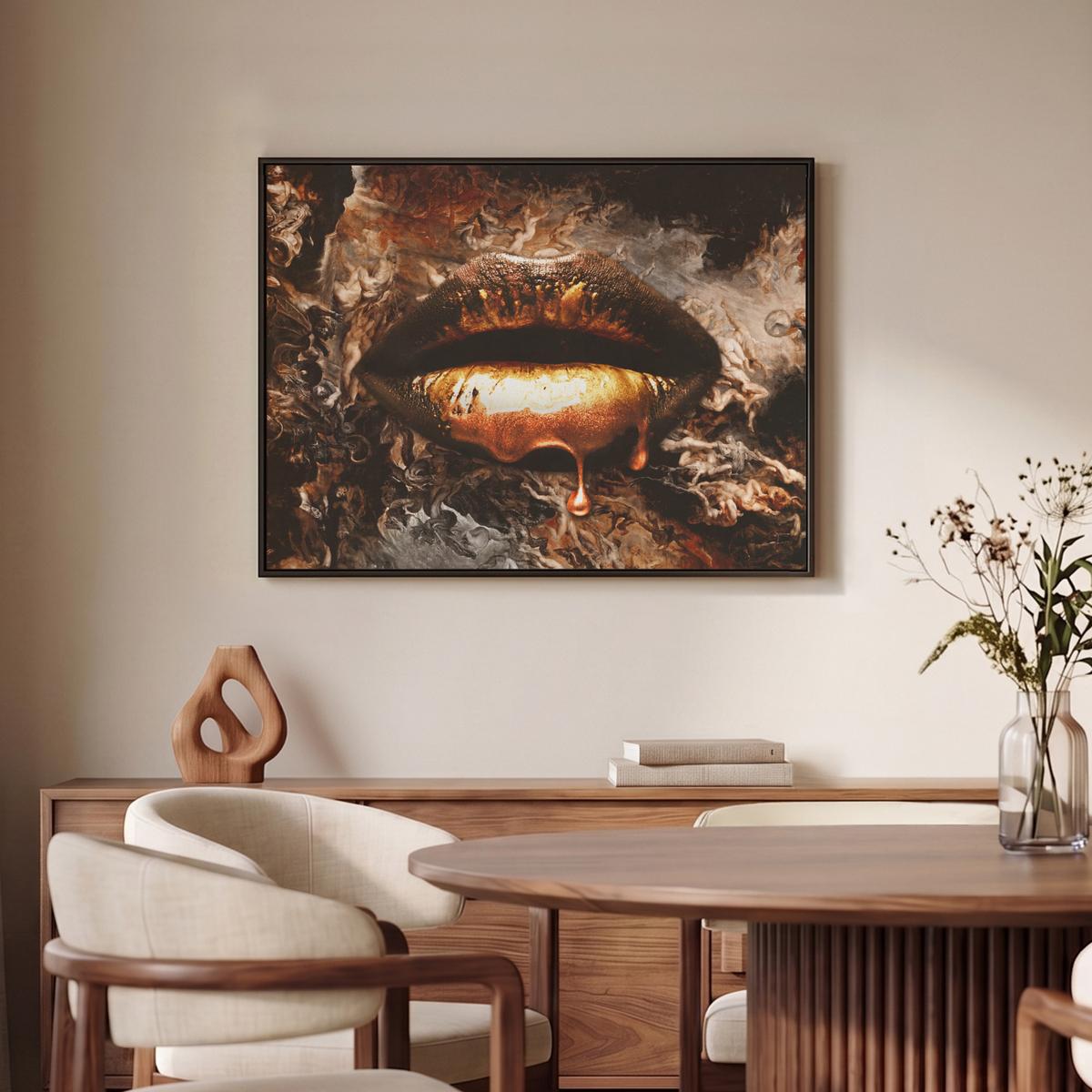 LEINWAND Bilder mit Rahmen - Gold - Lippen - Kunst - Gold - Luxus - Abstrakt - 70x50 - Kupferfarben, Textil (70/50cm) - MuchoWow
