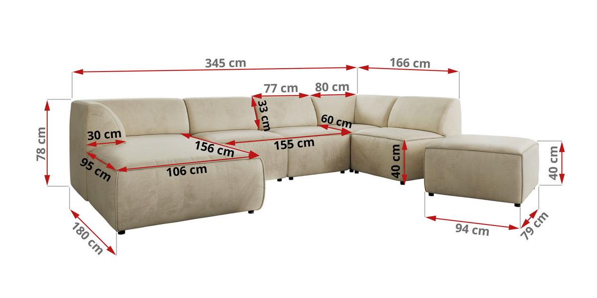 WOHNLANDSCHAFT MODARO U 6M - Beige Velvet - Rechts - Beige/Schwarz, Textil (345/78/180cm) - MKS