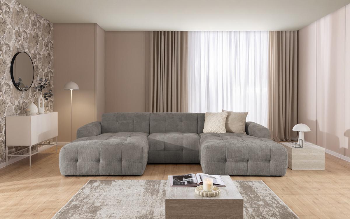 WOHNLANDSCHAFT Kozy im Bumpy-Design mit fester Rückenlehne aus weichem Taupe Chenille-Stoff - Taupe/Schwarz, Holz/Kunststoff (323/79/161cm) - S-Style
