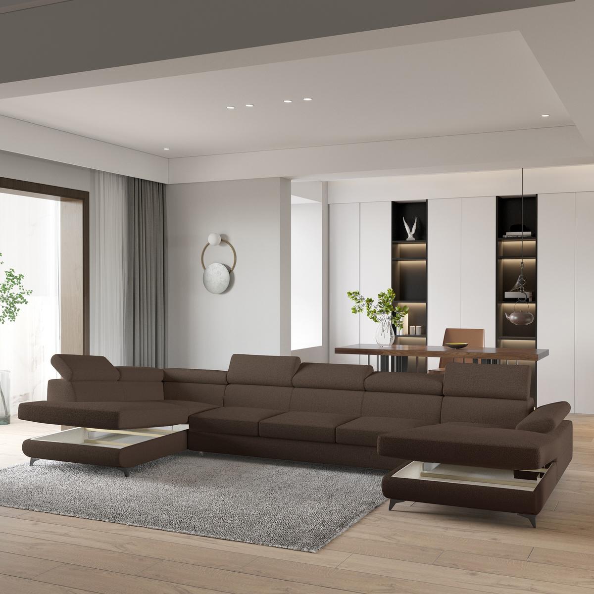 WOHNLANDSCHAFT MONTIVA Braun Boucle-Stoff mit Schlaffunktion - Braun, Holz (410/89/190cm) - MASSENO