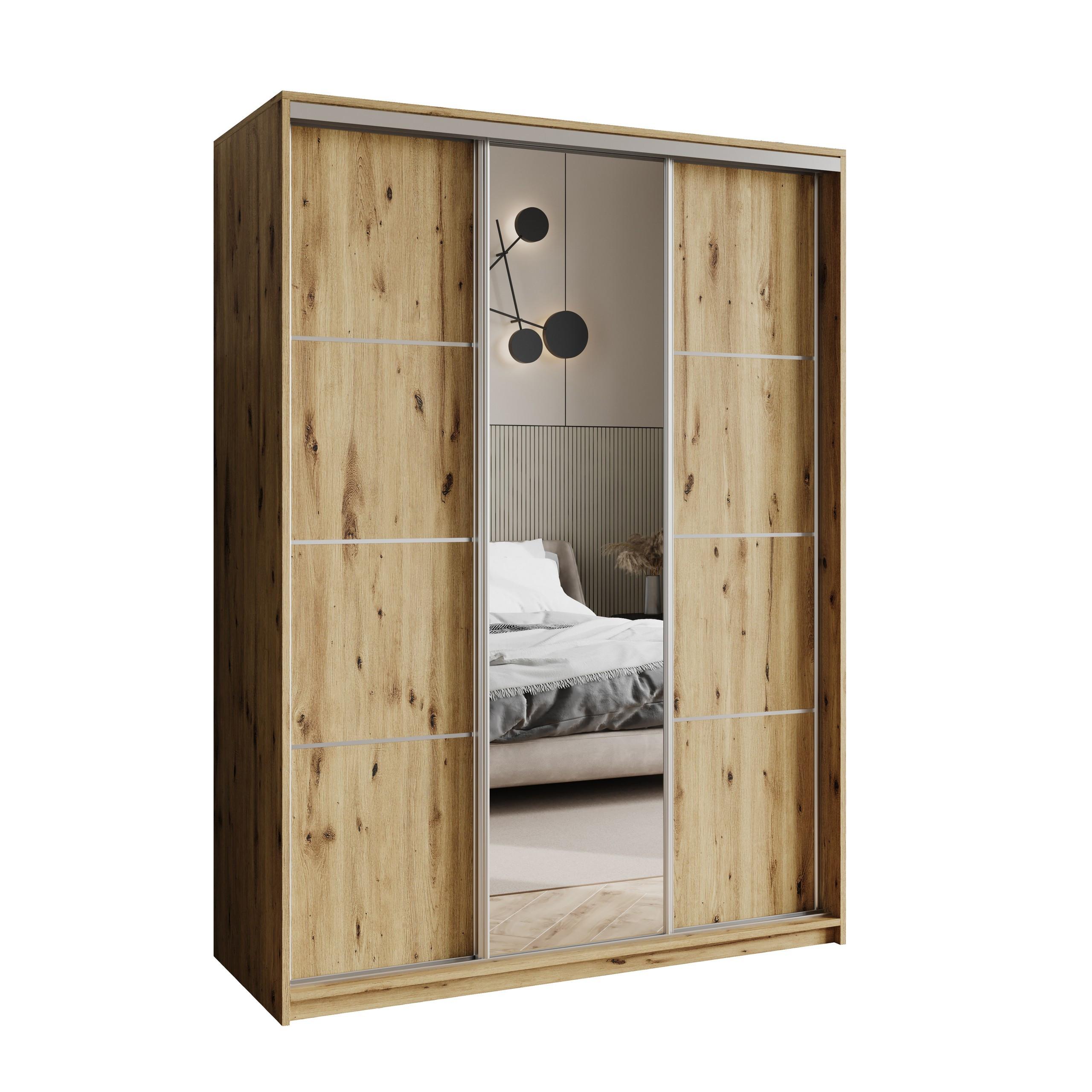 SCHWEBETÜRENSCHRANK VARO 150/205/60 cm 3-türig mit Spiegel Eiche Artisan - Eiche Artisan, Holzwerkstoff (150/205/60cm) - MASSENO
