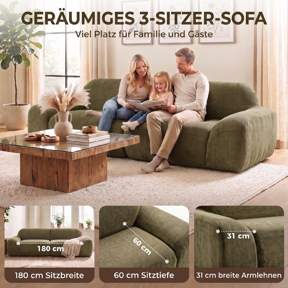 3-SITZER-SOFA Chenille 100 Polyester Schaumstoff Cremeweiß - Dunkelgrün, Textil (95/70/244cm) - HOMCOM