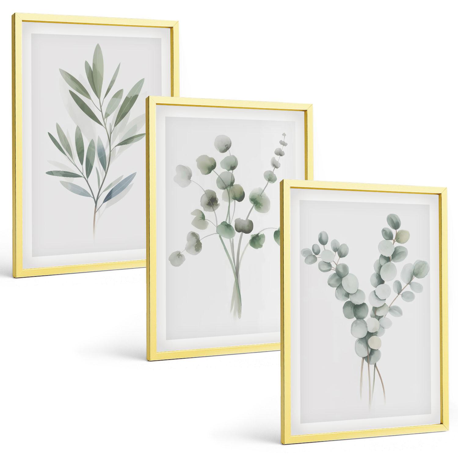 BILDER SET 3er Set - 40x60 cm Goldrahmen - Pflanzenmuster mit Grün - Goldfarben, Kunststoff (40/60cm) - TULUP