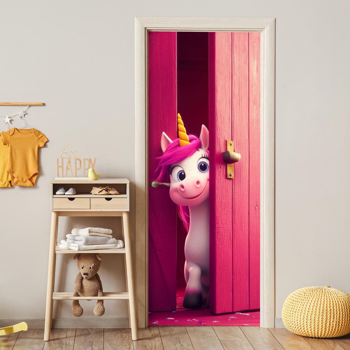 TÜRAUFKLEBER Einhorn - Rosa - Tür - Fantasie 90x235 cm - Türtapete - Pink, Kunststoff (90/0.1cm) - MuchoWow