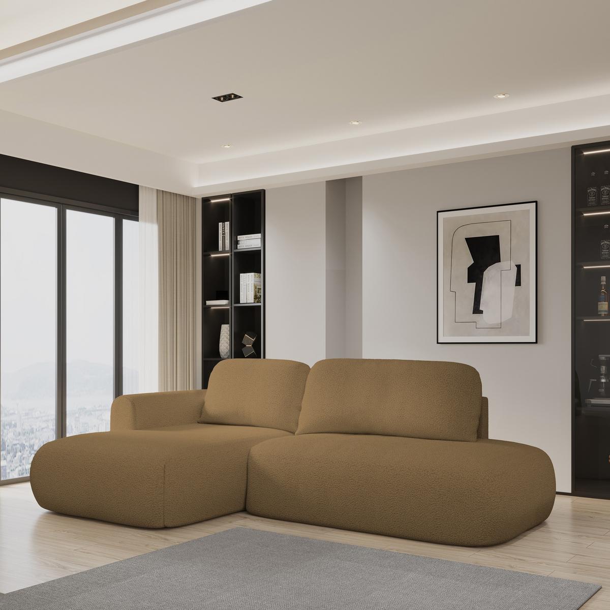 ECKSOFA NUVIRA L-S Orange Boucle-Stoff mit Schlaffunktion - Orange, Holz (279/158cm) - MASSENO