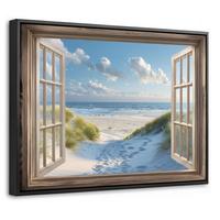 LEINWAND Bilder mit Rahmen - Aussicht - Strand - Fenster - Dünen - Meer - 40x30 - Hellblau, Textil (40/30cm) - MuchoWow