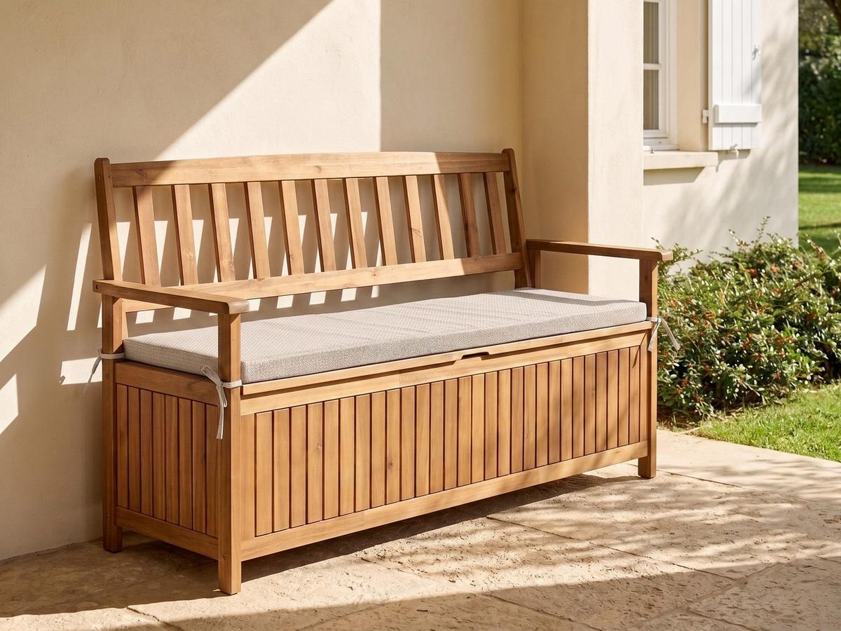 GARTENBANK mit Auflage 160 cm mit Stauraum Akazienholz Beige Sovana - Beige/Braun, Holz (160/91/60cm) - Beliani